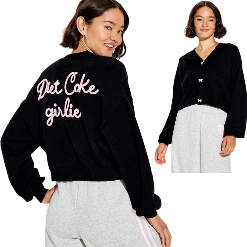 Diet Coke Women's Black Bow Button Embroidered Cropped Cardigan Sweater Size XXS